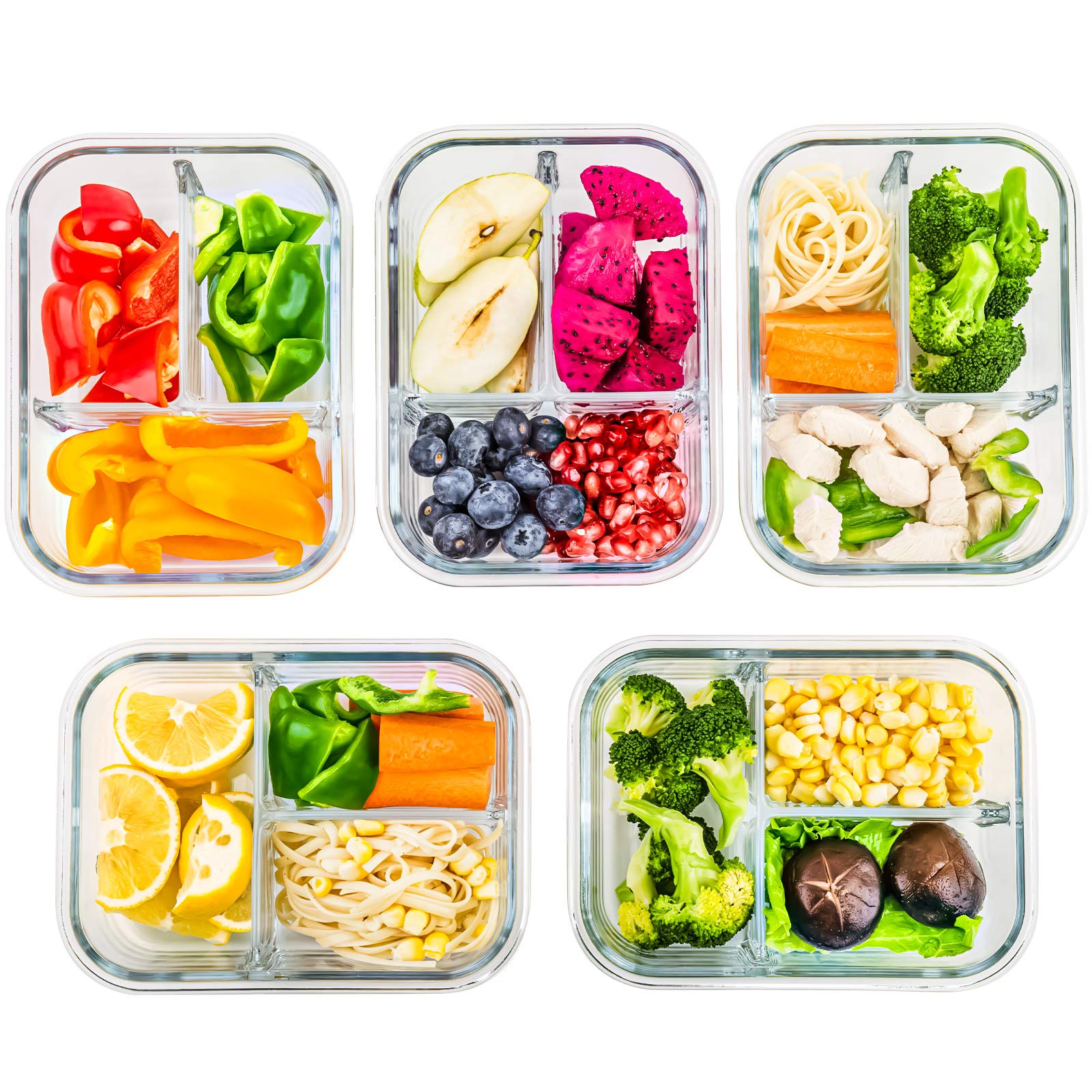 C CREST 5-Pack,3 Compartment Glass Meal Prep Containers Set,34oz, Divided Glass Food Storage Containers with Lids, Glass Lunch Box with Dividers