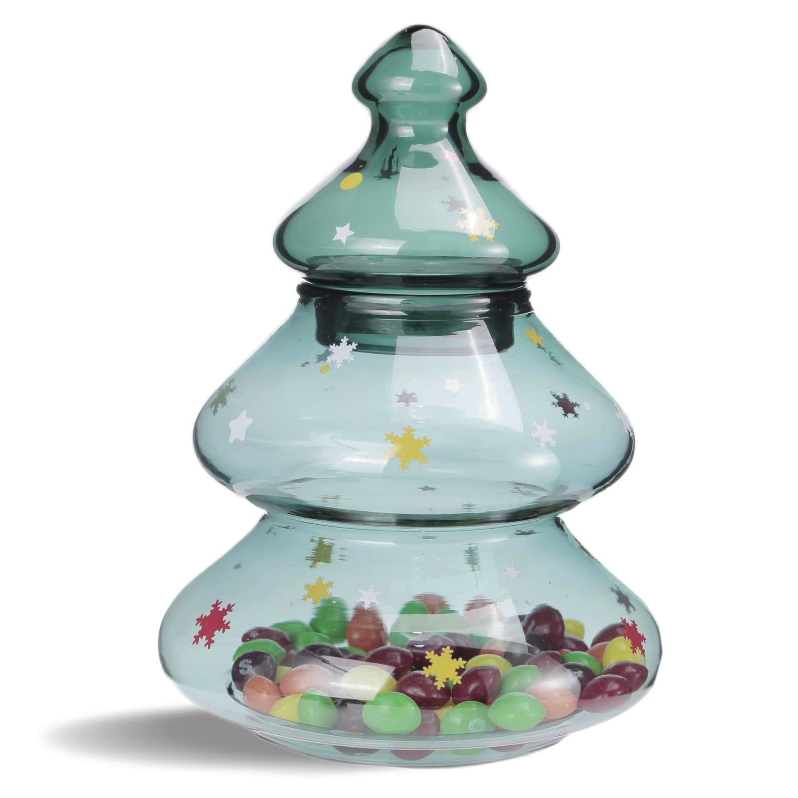 Luvan 18oz Glass Candy Jar with Lid, Christmas Tree Large Container Covered Candy Bowl, Candy Dish for Home Kitchen Office Desk Christmas Gift