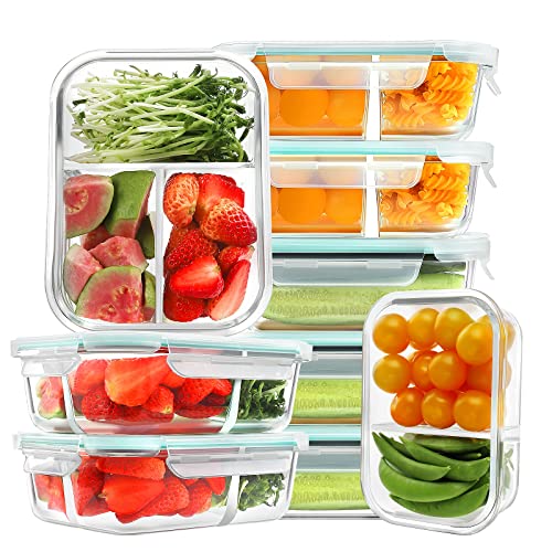 HOMBERKING 9 Pack Glass Meal Prep Containers 3 & 2 & 1 Compartment, Glass Food Storage Containers with Lids, Airtight Glass Lunch Bento Boxes, BPA-Free & Leak Proof (9 lids & 9 Containers) - Blue