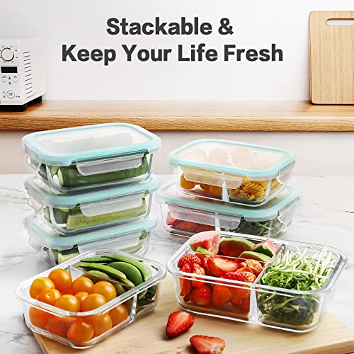 HOMBERKING 9 Pack Glass Meal Prep Containers 3 & 2 & 1 Compartment, Glass Food Storage Containers with Lids, Airtight Glass Lunch Bento Boxes, BPA-Free & Leak Proof (9 lids & 9 Containers) - Blue