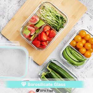 HOMBERKING 9 Pack Glass Meal Prep Containers 3 & 2 & 1 Compartment, Glass Food Storage Containers with Lids, Airtight Glass Lunch Bento Boxes, BPA-Free & Leak Proof (9 lids & 9 Containers) - Blue