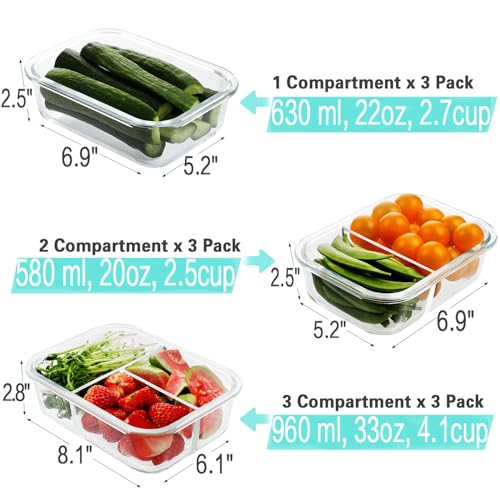 HOMBERKING 9 Pack Glass Meal Prep Containers 3 & 2 & 1 Compartment, Glass Food Storage Containers with Lids, Airtight Glass Lunch Bento Boxes, BPA-Free & Leak Proof (9 lids & 9 Containers) - Blue