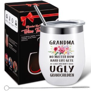 patelai grandma gift coffee mug, at least you don't have ugly children, birthday mother's day gift from granddaughter, ideal gift for grandmother, 12 oz wine tumbler with gift box