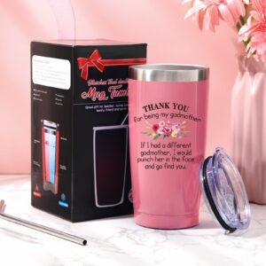 Patelai Funny Godmother Gift, Thank You for Being My Godmother Mother's Day Gift for Godmother Mother, 20 oz Insulated Vacuum Mug Tumbler with Lid Straw Brush (Pink)