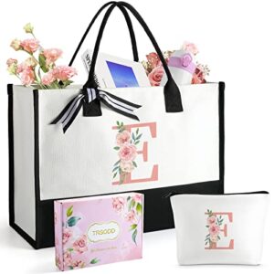 Ini-tial Can-vas Tote Bag w Makeup Bag, Customized Personalized Friends Birthday Gifts for Women, Pink Floral Tote Bag for Women w Inner Pocket, Gift Box, Card, Wedding Gifts for Couples Unique 2023 E