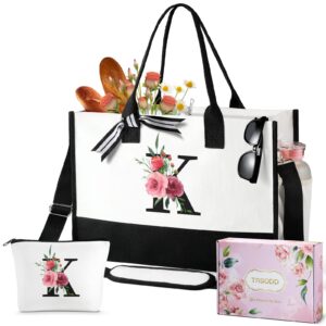 ini-tial can-vas tote bags w makeup bag, personalized customized friends birthday gifts, floral tote bag for women w inner pocket, side pocket, shoulder strap, gift box, card, bride sister mom gifts k