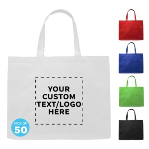 discount promos custom jumbo sized tote bags set of 50, personalized bulk pack - reusable grocery bags, shopping bags, promotional item totes for women - white