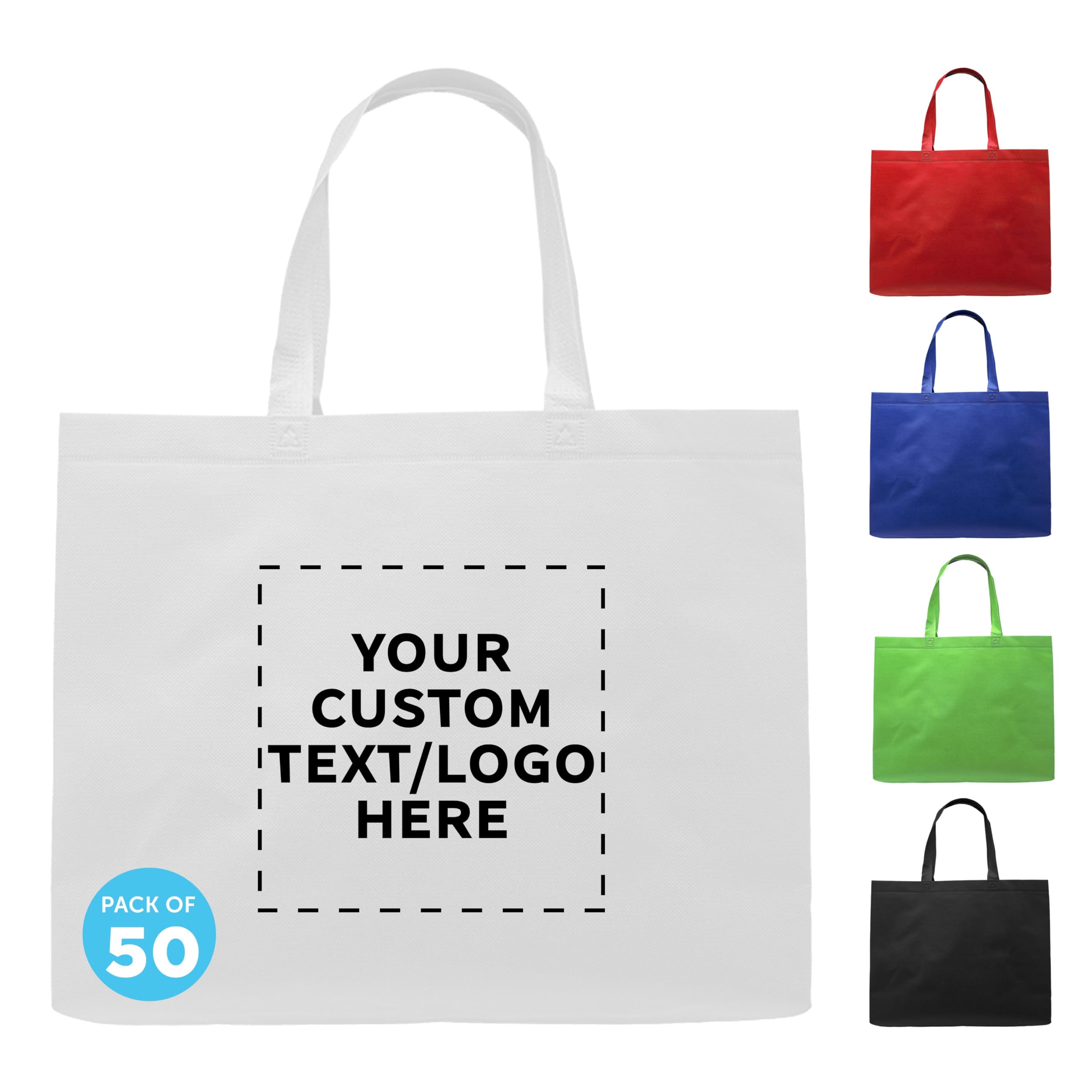 DISCOUNT PROMOS Custom Jumbo Sized Tote Bags Set of 50, Personalized Bulk Pack - Reusable Grocery Bags, Shopping Bags, Promotional Item Totes for Women - White