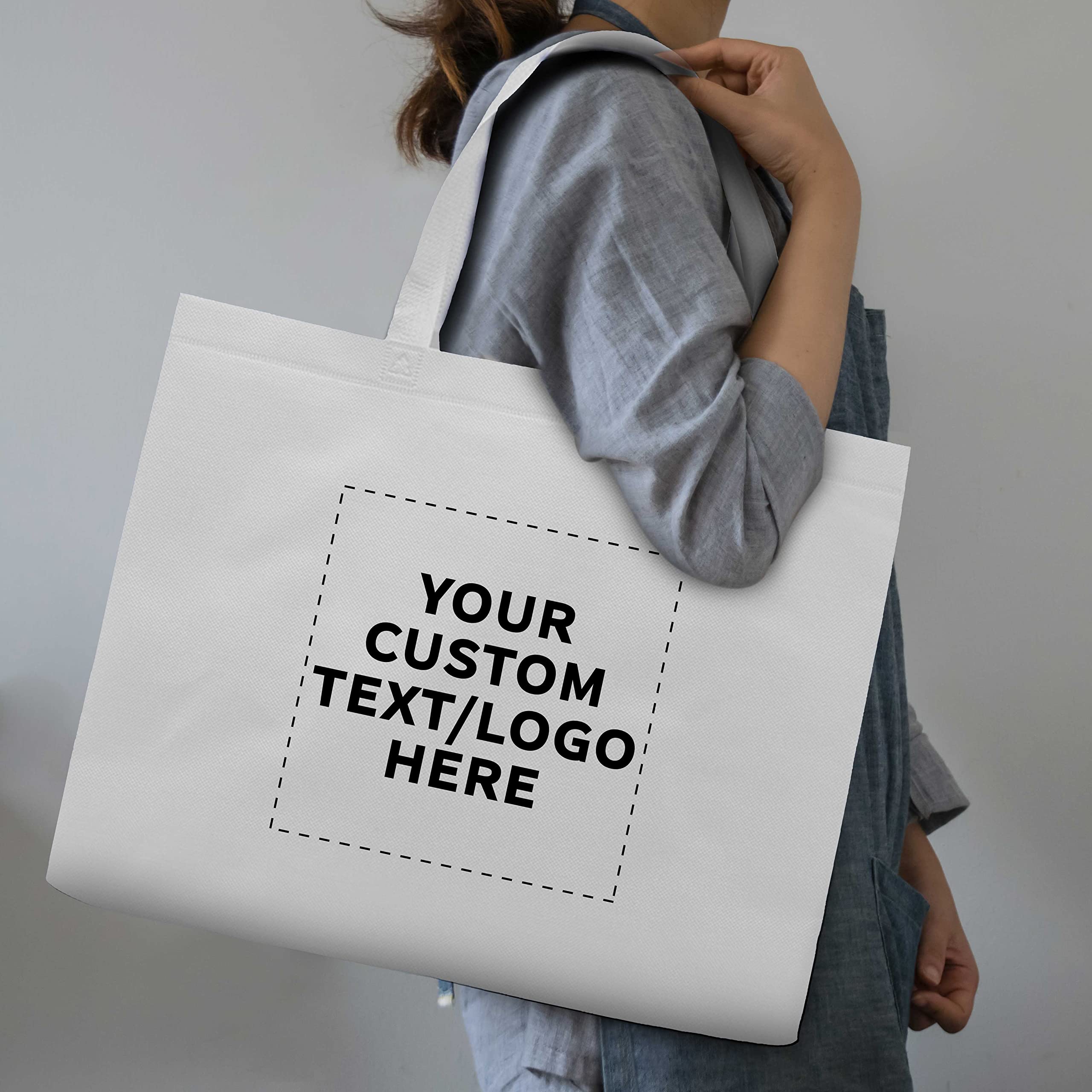 DISCOUNT PROMOS Custom Jumbo Sized Tote Bags Set of 50, Personalized Bulk Pack - Reusable Grocery Bags, Shopping Bags, Promotional Item Totes for Women - White