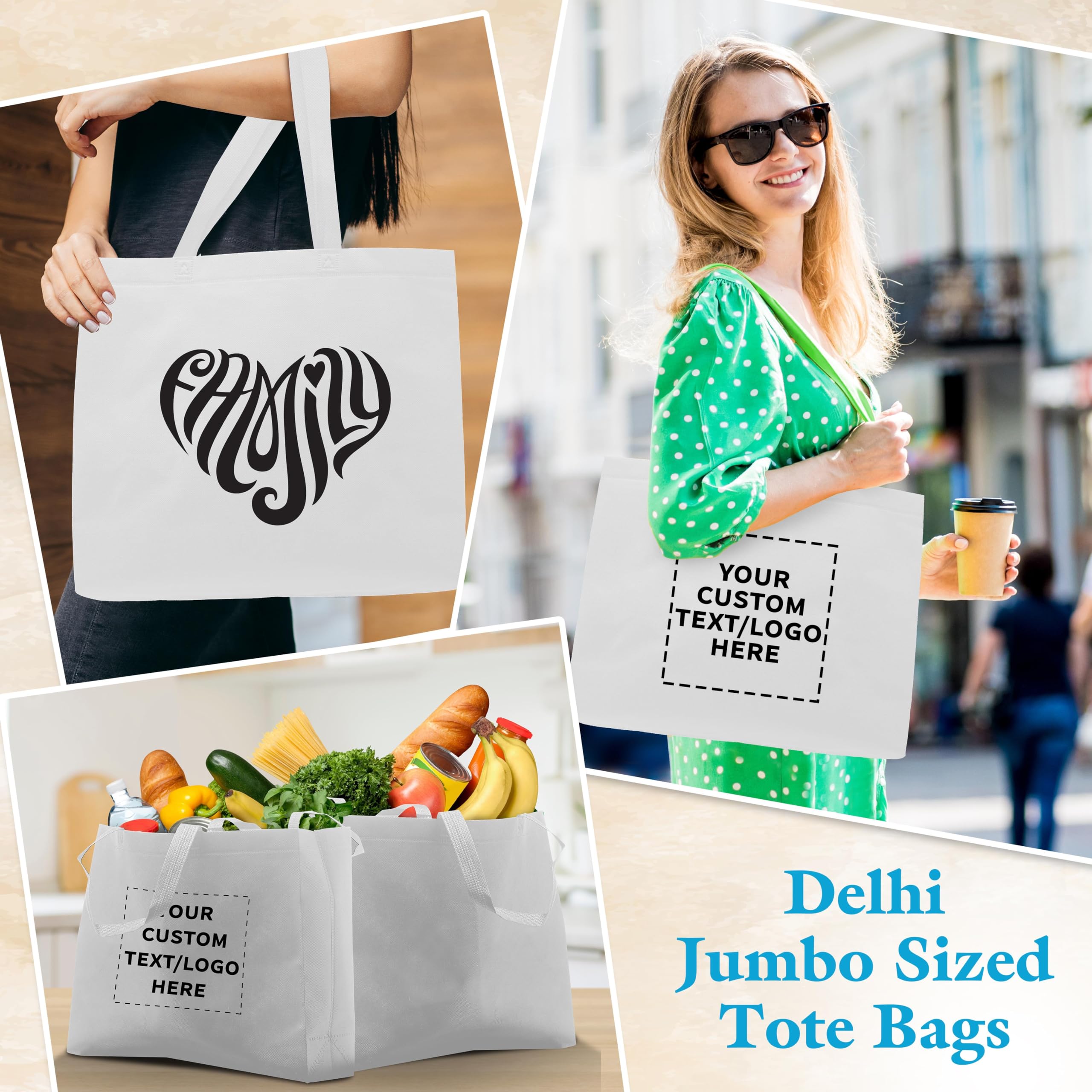 DISCOUNT PROMOS Custom Jumbo Sized Tote Bags Set of 50, Personalized Bulk Pack - Reusable Grocery Bags, Shopping Bags, Promotional Item Totes for Women - White