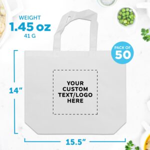 DISCOUNT PROMOS Custom Jumbo Sized Tote Bags Set of 50, Personalized Bulk Pack - Reusable Grocery Bags, Shopping Bags, Promotional Item Totes for Women - White