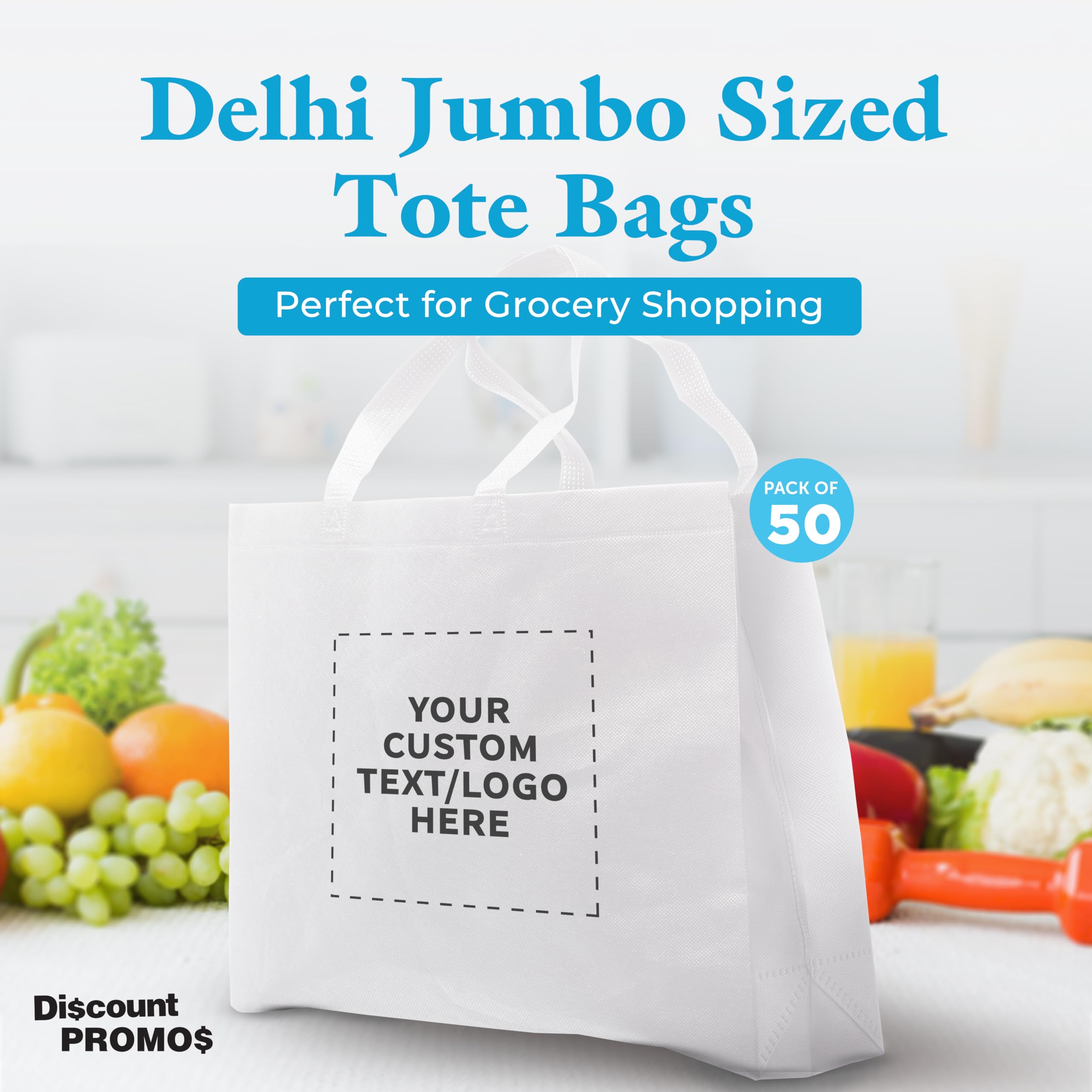 DISCOUNT PROMOS Custom Jumbo Sized Tote Bags Set of 50, Personalized Bulk Pack - Reusable Grocery Bags, Shopping Bags, Promotional Item Totes for Women - White