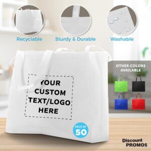 DISCOUNT PROMOS Custom Jumbo Sized Tote Bags Set of 50, Personalized Bulk Pack - Reusable Grocery Bags, Shopping Bags, Promotional Item Totes for Women - White