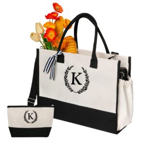 Canvas Tote Bag for Women, Personalized Monogrammed Birthday Gifts for Women, Beach Tote Bag with Zipper, Teacher Tote Bag with Pockets, Bolsos de Mujer with Exquisite Initials Embroidery Pattern (K)