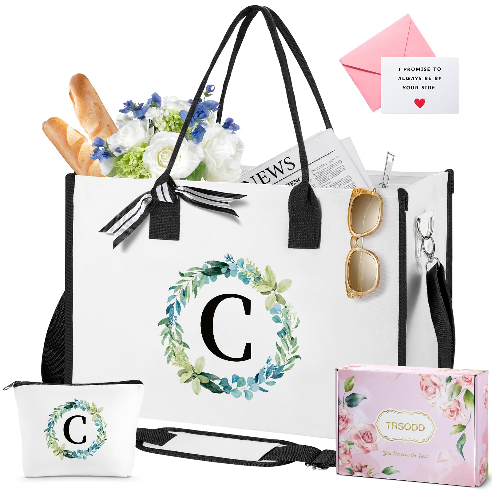 Personalized Customized 50th Friend Teacher Mrs Birthday Christmas Gifts, Can-vas Tote Bag for Women Floral Ini-tial Beach Bags w Cosmetic Bag Inner Pocket 2 Side Pocket Shoulder Strap Card Gift Box C