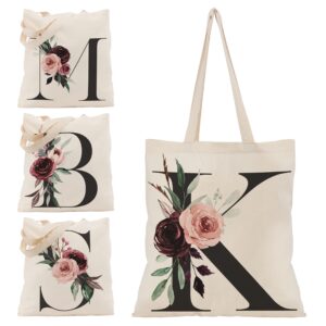 floral canvas bags gifts for bridesmaid - initial tote wedding bag for bridal shower - engagement shoulder totes bags for women - bachelorette party gift for girl - 15"x16" large bag c2 (initial #k)