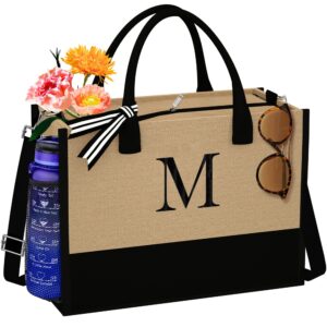 topeast mother's day gifts - initial tote bags with zipper pocket, teacher appreciation gifts birthday gifts for mom grandma, monogrammed customized gifts bridesmaids bride gift bag letter m