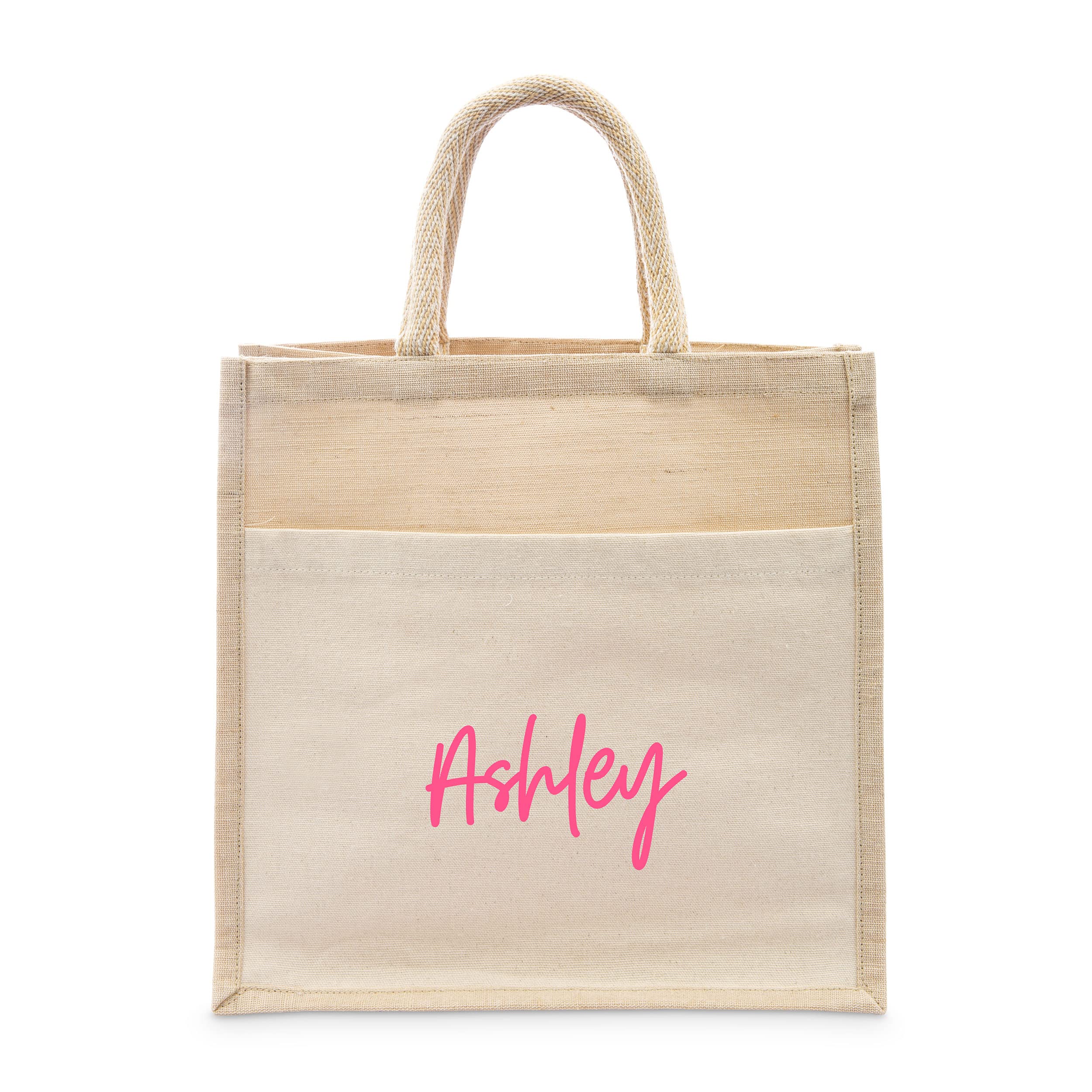 WEDDINGSTAR Personalized Medium Woven Jute Tote Bag With Pocket - Script Font