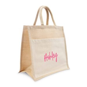 WEDDINGSTAR Personalized Medium Woven Jute Tote Bag With Pocket - Script Font