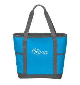 all about me company personalized zippered tote| on-the-go monogrammed tote bag | customize with a name or monogram (deepaqua-name)