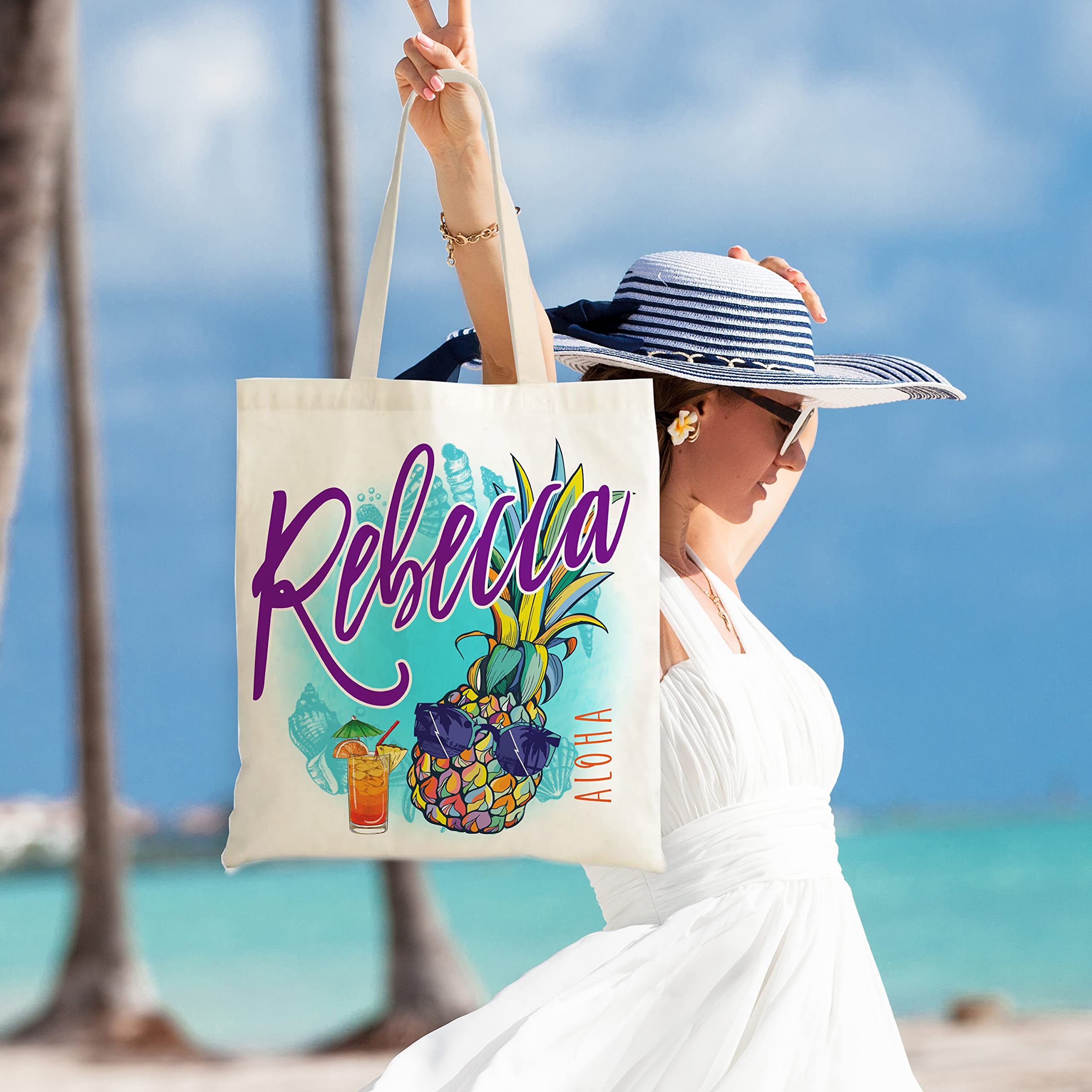 Personalized Canvas Tote Bags for Women w/Name & Text 9 Design - Customized Beach Totes Bag Girl Gift - Custom Summer Accessories Vacation Travel Grocery Shoulder Bag Cute Christmas Birthday Gifts C1