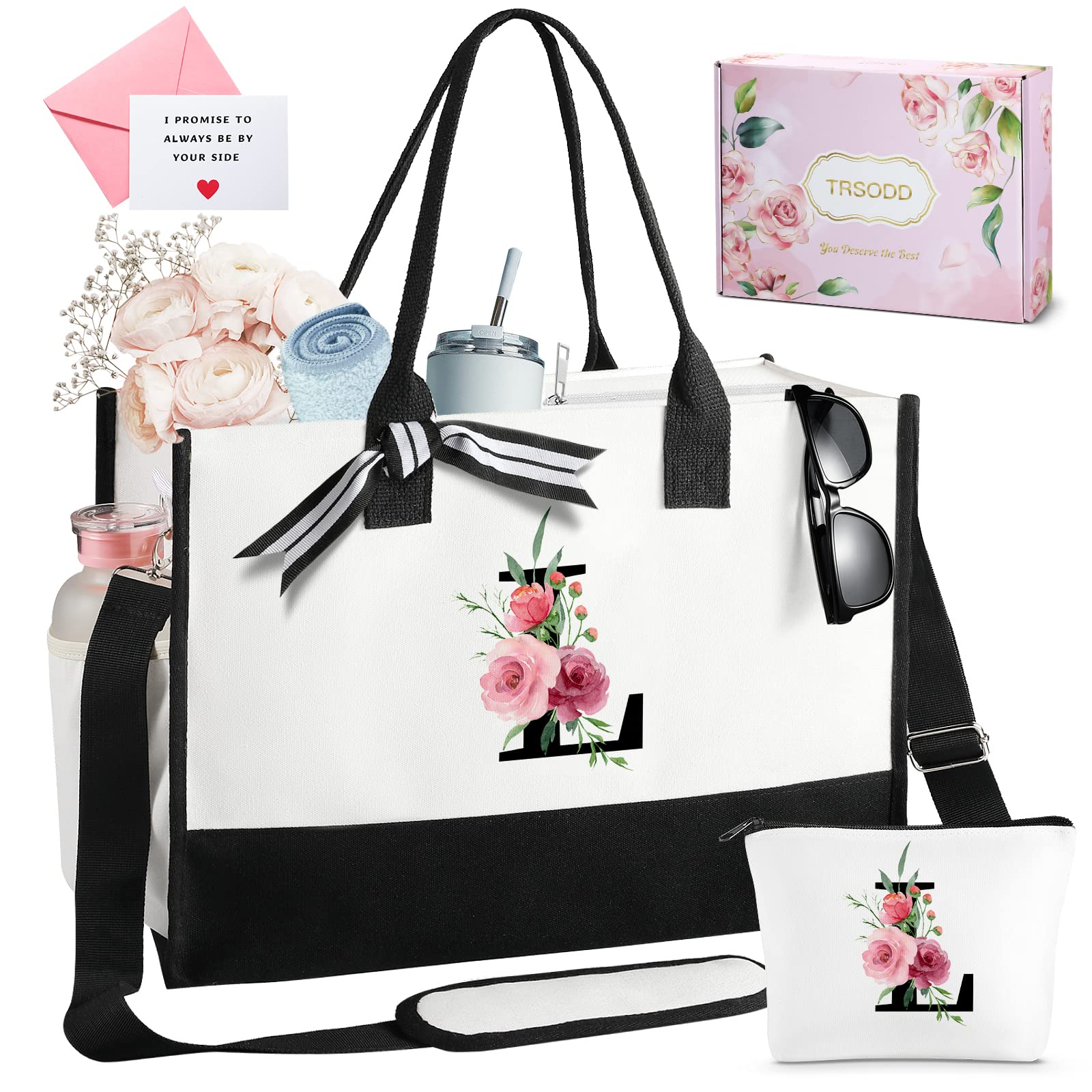 Floral Ini-tial Beach Bag w Makeup Bag, Personalized Customized Friend Birthday Mom Bridal Shower Gifts, Can-vas Tote Bag for Women w Inner Pocket, Side Pocket, Shoulder Strap, Gift Box, Card, Gifts L