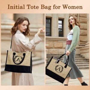 YOOLIFE Large Jute Tote Bag with Pocket Embroidery T Monogram Gifts for Women - Perfect for Beach, Work, Office, Vacation, Travel, Yoga, Sports, Picnic, Camping