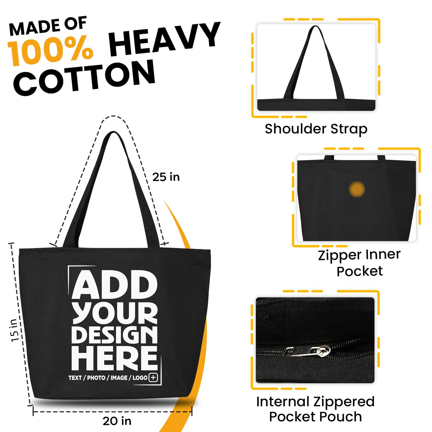 shop4ever Personalized Custom Design Your Own Heavy Canvas Tote with Zipper Reusable Shopping Bag Black 1 Pack