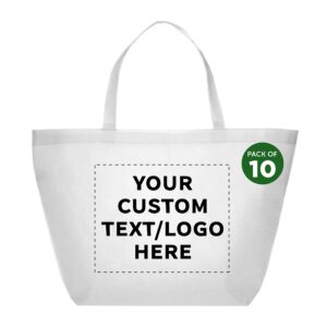 DISCOUNT PROMOS Custom Southern Style Grocery Tote Bags Set of 10 - Personalized Bulk Pack, Reusable Grocery & Shopping Bags - Great for Travel, Carry on Bag, Business Promotions - White - 20"X13"X8"