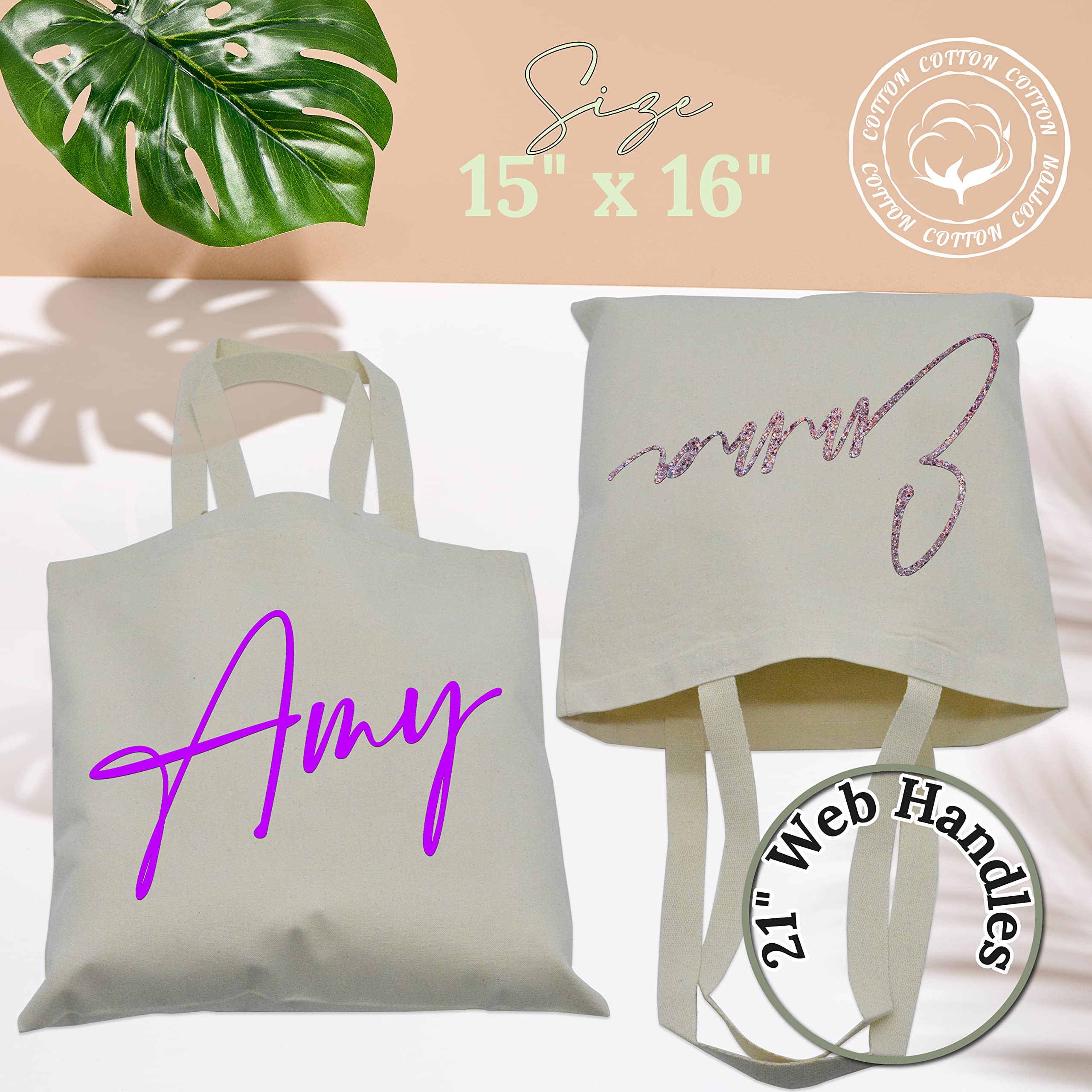 Personalized Name Tote Bags for Women - 17 Color Options - Customized Cotton Canvas Shoulder Bag - Custom Bridesmaid Proposal Gifts - Customizable Totes Gift - Beach Girls, Bridesmaids, Beige