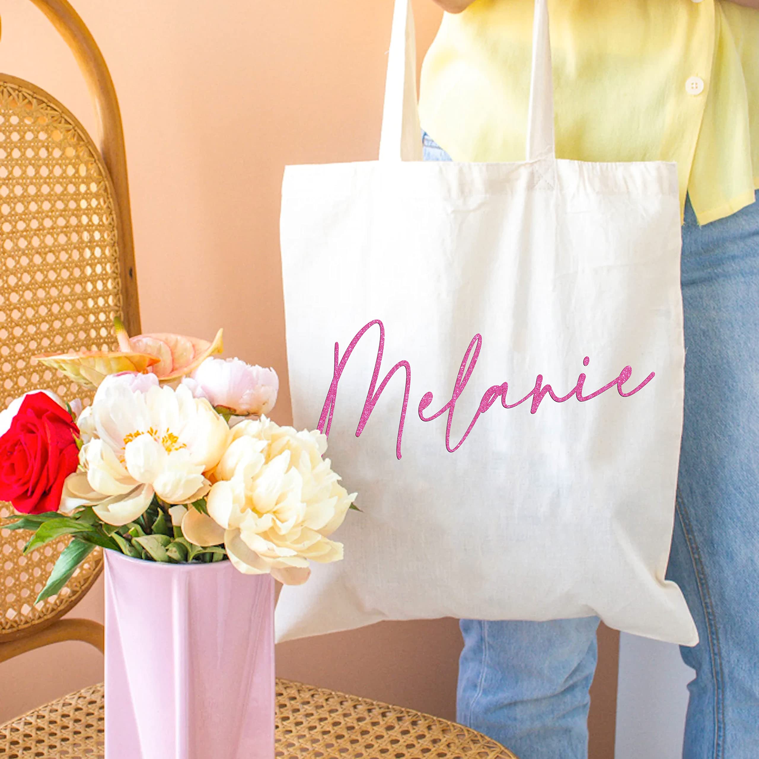 Personalized Name Tote Bags for Women - 17 Color Options - Customized Cotton Canvas Shoulder Bag - Custom Bridesmaid Proposal Gifts - Customizable Totes Gift - Beach Girls, Bridesmaids, Beige