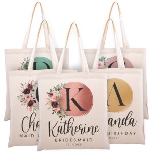 generic personalized initial tote bag for bridesmaid, customize brush totes for events, bachelorette party. maid of honor, bridal shower, baby shower, custom gift bags for christmas, mother's day single, beige