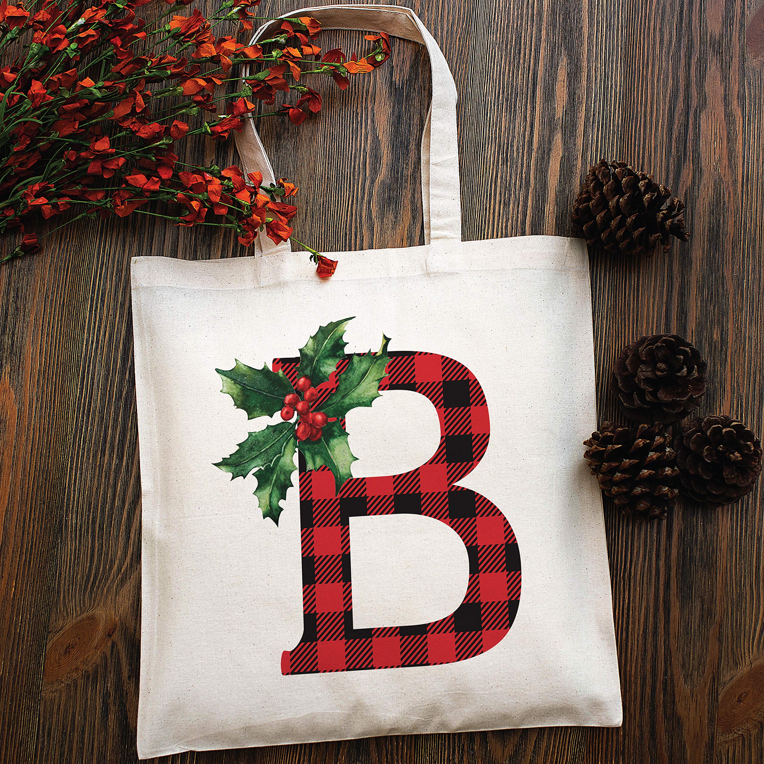 Zexpa Apparel Personalized Initial Christmas Tote Bag | Customized Floral Gift Bag Design #3 | Natural Cotton Canvas Christmas Gifts | Single - Design #3 - Initial A