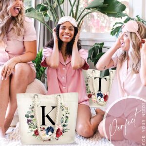 Personalized Floral Initial Cotton Canvas Beach Tote Bag, Customize Monogrammed Totes Gift for Bridesmaid (Initial V)