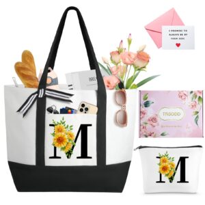 trsodd womens christmas gifts, ini-tial tote bag for women w makeup bag, personalized sunflower gifts, 50th birthday grandma mom bride sister gifts, mono-gram beach bag w inner pocket card gift box m