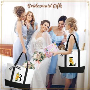 TRSODD Womens Christmas Gifts, Ini-tial Tote Bag for Women w Makeup Bag, Personalized Sunflower Gifts, 50th Birthday Grandma Mom Bride Sister Gifts, Mono-gram Beach Bag w Inner Pocket Card Gift Box M