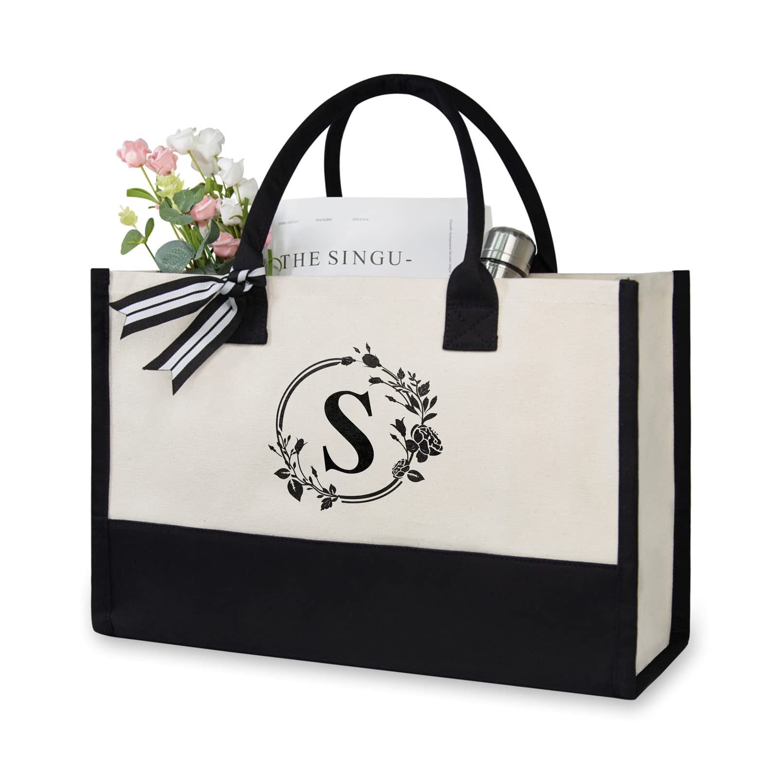 TOPDesign Initial Canvas Tote Bag, Personalized Present Bag, Suitable for Wedding, Birthday, Beach, Holiday, is a Great Gift for Women, Mom, Teachers, Friends, Bridesmaids (Letter S)