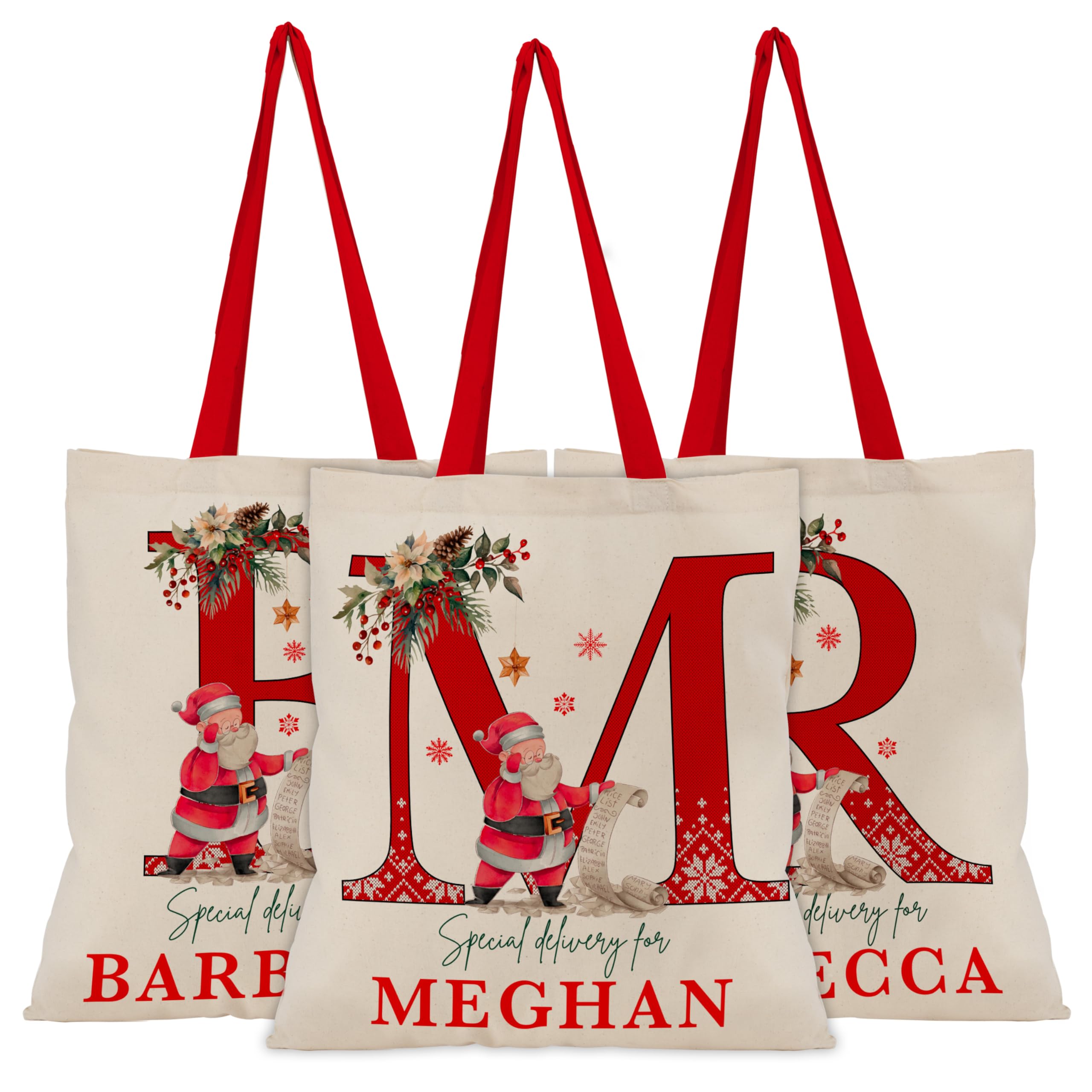 Personalized Initial Christmas Red Handle Gift Bag, Customized Holiday Sack, Monagrammed Totes for Xmas Presents