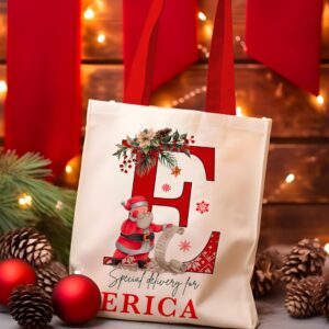 Personalized Initial Christmas Red Handle Gift Bag, Customized Holiday Sack, Monagrammed Totes for Xmas Presents