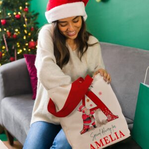 Personalized Initial Christmas Red Handle Gift Bag, Customized Holiday Sack, Monagrammed Totes for Xmas Presents