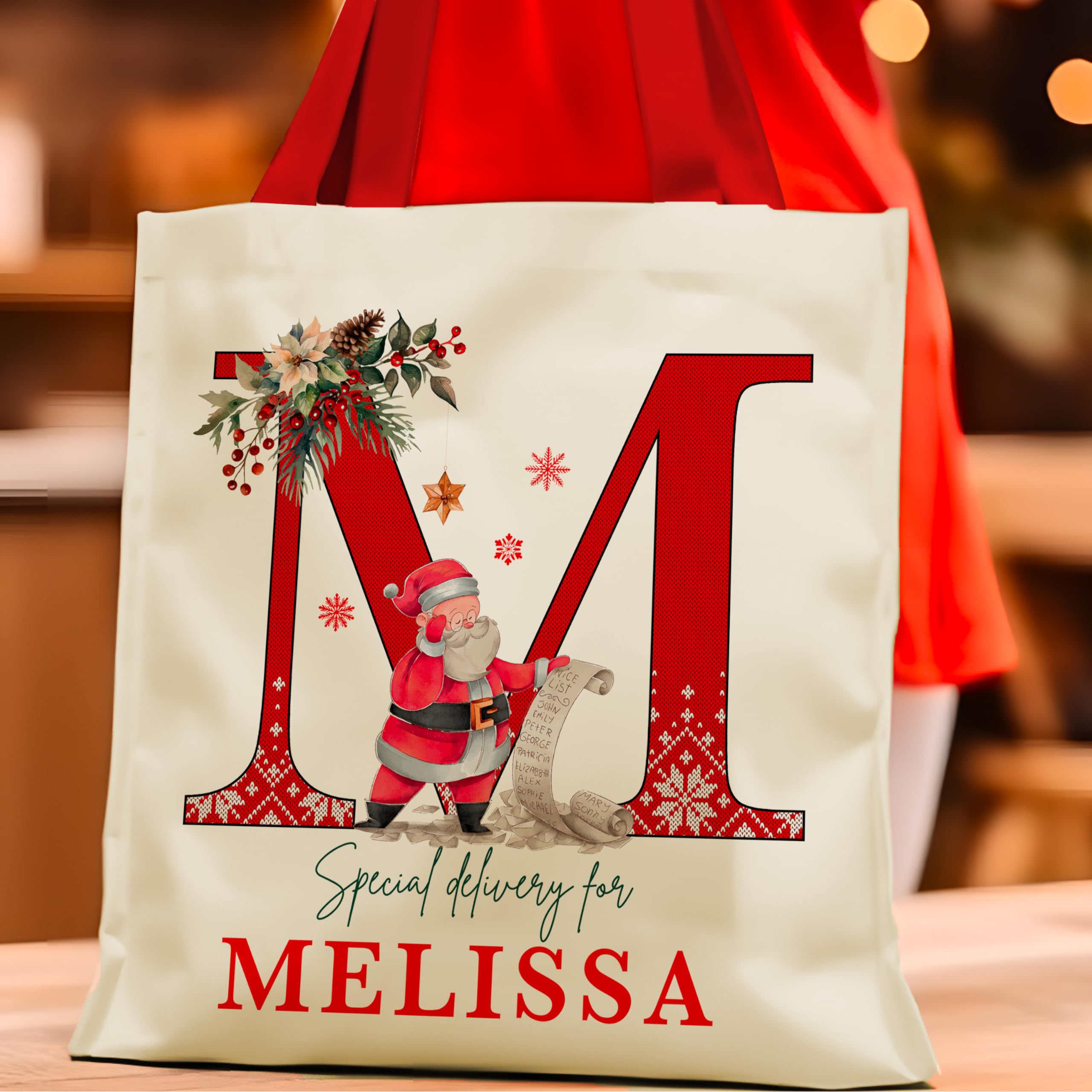 Personalized Initial Christmas Red Handle Gift Bag, Customized Holiday Sack, Monagrammed Totes for Xmas Presents