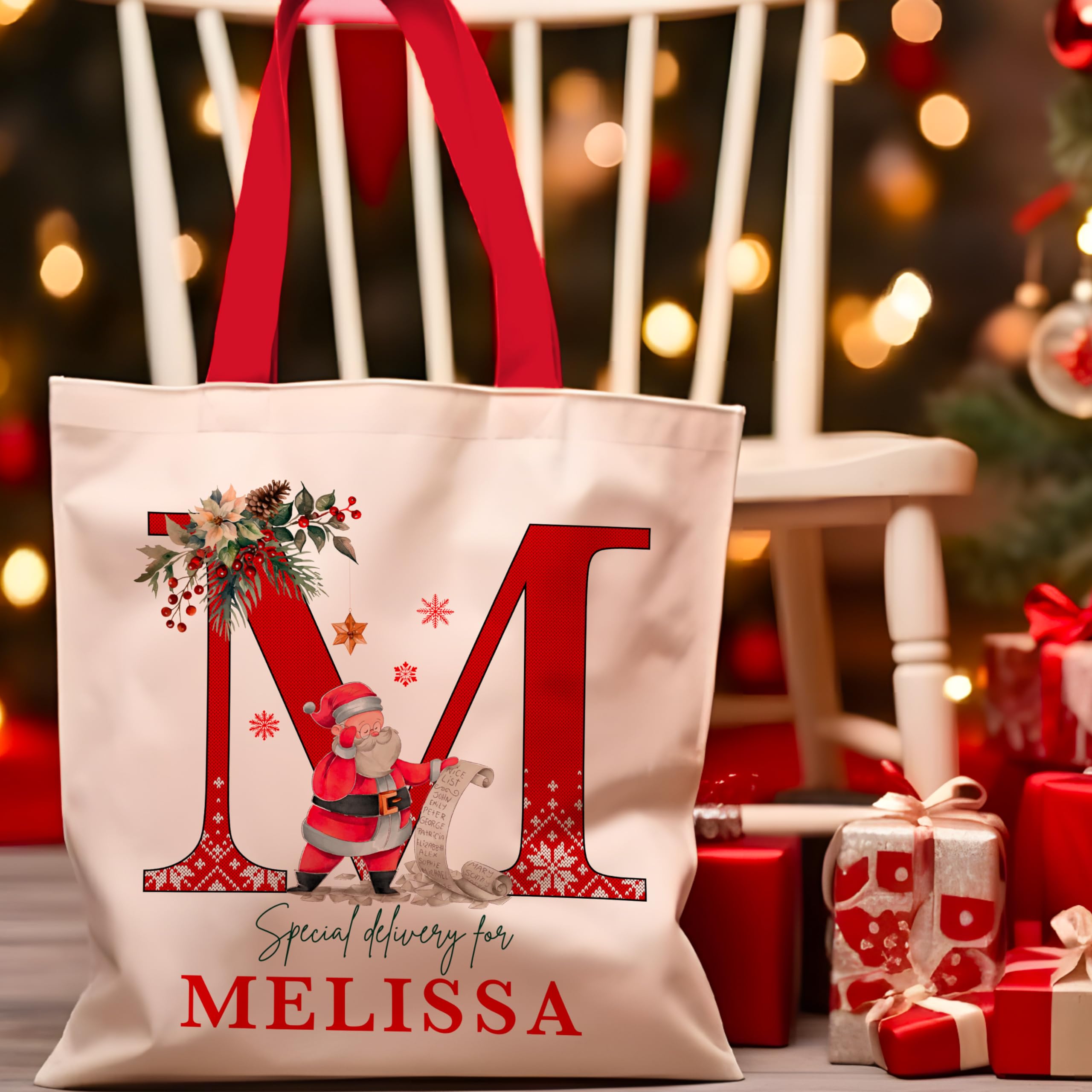 Personalized Initial Christmas Red Handle Gift Bag, Customized Holiday Sack, Monagrammed Totes for Xmas Presents