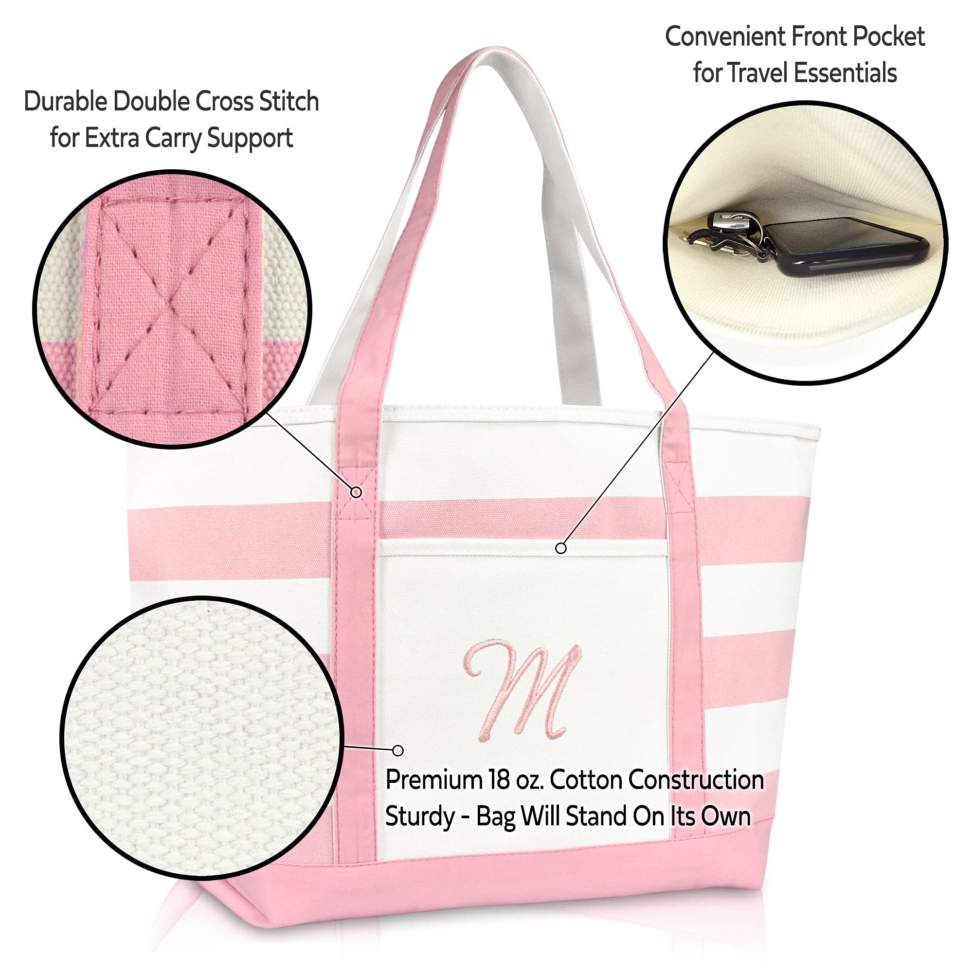 DALIX Striped Beach Bag Tote Bags Satchel Personalized Pink Ballent Letter M