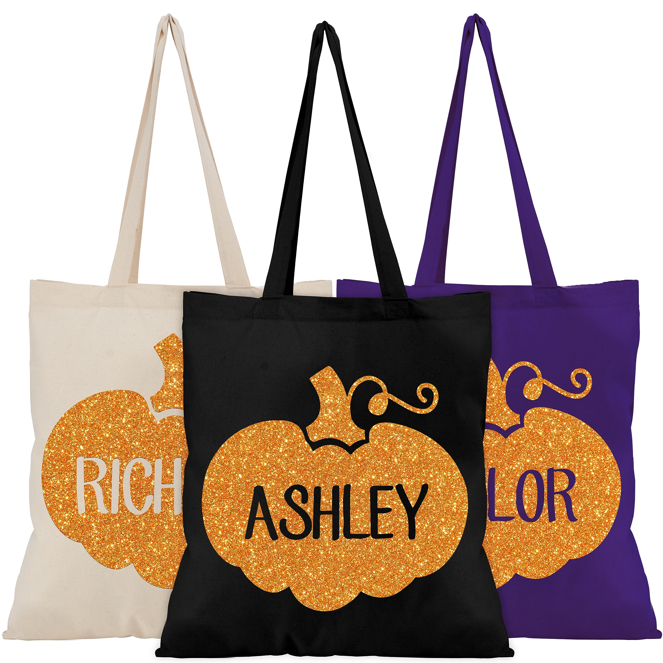 Customized Glitter Orange Pumpkin Halloween Trick or Treat Tote Bags, Goodie Bag (Black)