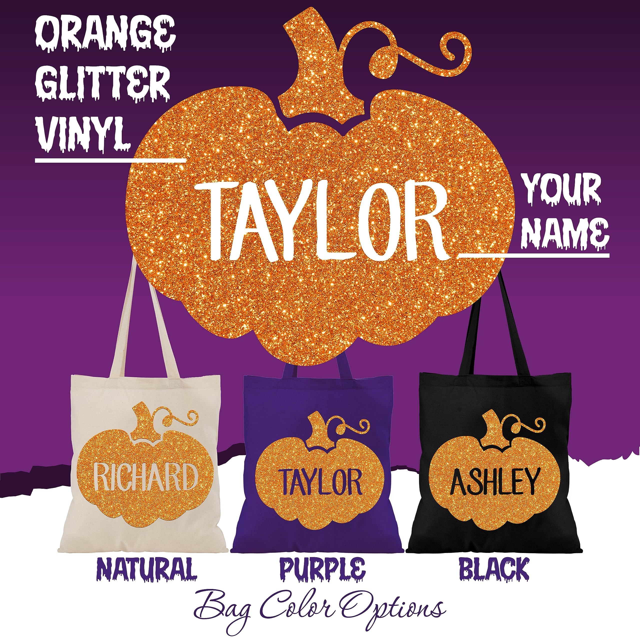 Customized Glitter Orange Pumpkin Halloween Trick or Treat Tote Bags, Goodie Bag (Black)