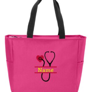 all about me company Personalized Monogram Tote Bag Nurse Doctor Appreciation Heart Stethoscope Initials Gift RN LPN CNA (Design #3/Pink Azaela)