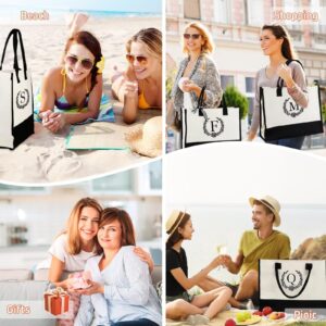 QLOVEA Womens Tote Bag, Initial Canvas Bag with Pockets and Shoulder Strap, Personalized Beach Bag with Zipper Birthday Gifts for Friends Female Monogrammed Gifts Reusable Gift Bag Letter J