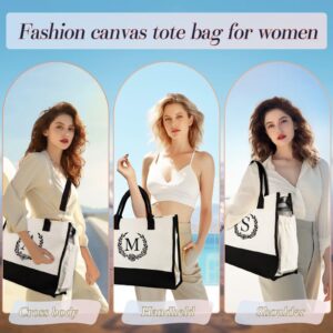 QLOVEA Womens Tote Bag, Initial Canvas Bag with Pockets and Shoulder Strap, Personalized Beach Bag with Zipper Birthday Gifts for Friends Female Monogrammed Gifts Reusable Gift Bag Letter J