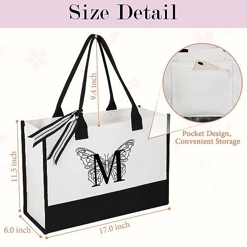 Nuberlic Monogram Letter M Initial Personalized Canvas Tote Bag for Women Butterfly Pattern Reusable Grocery Bags Wedding Birthday Gift