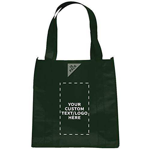 DISCOUNT PROMOS Custom Reusable Grocery Tote Bag for Shopping - 10 Pack - Personalized Logo, Text -Small Foldable Bags – Forest Green - 12.625"X13"X8.75"